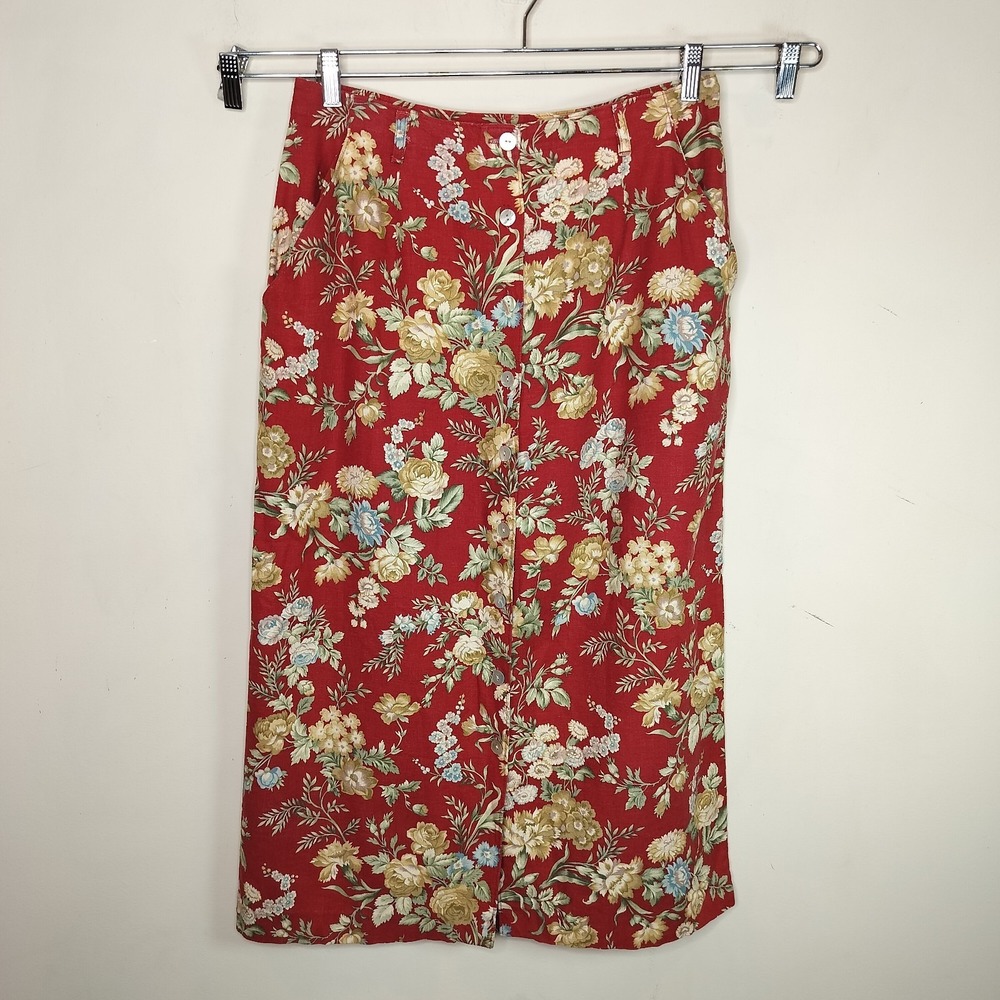 Orvis Vintage Maxi Skirt Red Garden Floral Linen Blend Button Up